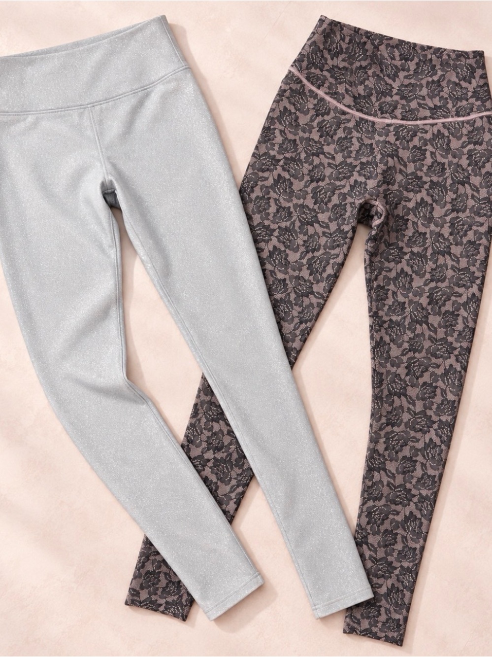 Victoria's Secret Silver Shimmer Legging & Rose Lace-Print Legging Set